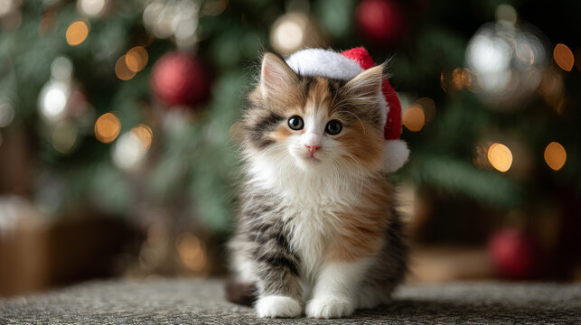 Fluffy calico kitten wearing a festive holiday hat sitting in front of a decorated Christmas tree