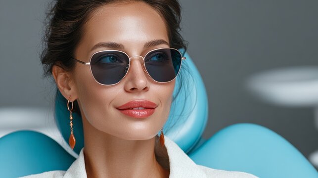 Stylish woman wearing sunglasses, seated comfortably in a modern dental chair, showcasing a confident expression, with a contemporary dental office background, highlighting a sense of relaxation and s