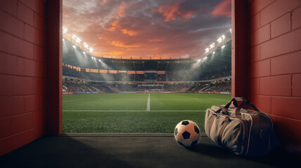 Soccer stadium tunnel view with ball and bag at sunset 