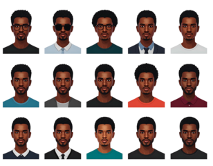 Array of dark-skinned men with short hair, wearing various shirts, some with glasses, against a black background