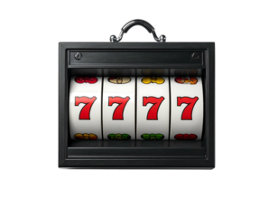 Close-up of a slot machine showing four "7" symbols. Isolated on black