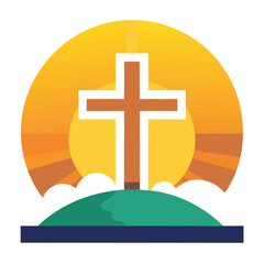 Easter sunday sunrise behind a cross flat vector design