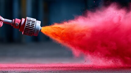Vibrant red powder being sprayed from a nozzle, creating a dynamic cloud of color in the air, showcasing the artistic process of color application in a creative environment with energy
