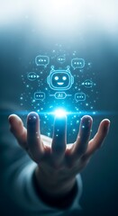 Artificial intelligence concept human hand reaching towards futuristic ai robot head glowing blue