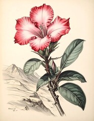 Botanical illustration of a striking, vibrant red and white flower