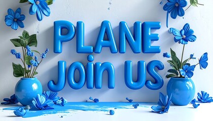Bold, blue, 3D text "PLANE Join us" with floral accents on white background