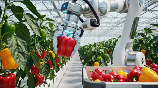 Robotic arm picks bright red bell pepper from lush green plants. Inside high-tech greenhouse with rows of peppers. Concept of agriculture, automation, innovation
