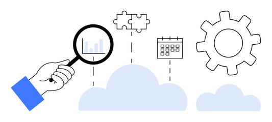 Hand inspecting bar chart under magnifying glass near cloud, gear, puzzle pieces, and calendar. Ideal for data analysis, problem-solving, cloud tech, productivity, strategy innovation teamwork
