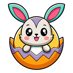 Cute cartoon bunny peeking out of an easter egg shell