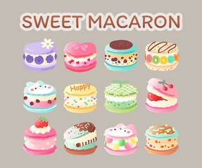 Sweet Macaron Clipart Set | Cute Kawaii Dessert Vector Illustration, Colorful Pastel Bakery Icons for Stickers, Patterns, and Packaging Design
