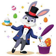Whimsical bunny magician pulling easter eggs from a top hat