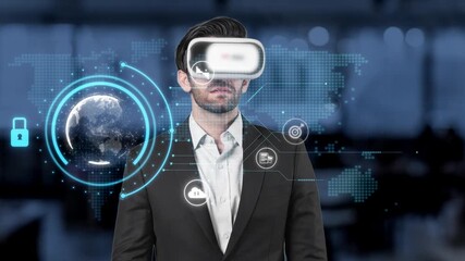 A businessman wearing a virtual reality headset explores innovative technology in a modern office. The scene emphasizes immersive experiences and data visualization trends. Raster - Powered by Adobe