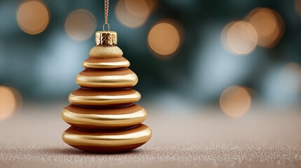 Obraz premium Decorative golden Christmas ornament shaped like a tree, featuring layered rings, hanging gracefully against a blurred festive background with soft bokeh lights creating a warm holiday atmosphere