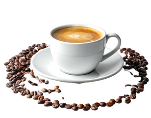 Obraz premium Creamy coffee in a white cup on a saucer, surrounded by brown coffee beans against a black background