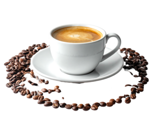 Creamy coffee in a white cup on a saucer, surrounded by brown coffee beans against a black background