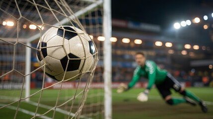 Goalkeeper dives as soccer ball hits the net 