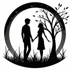 Romantic couple holding hands under a starry night sky silhouette
