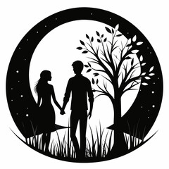Romantic couple holding hands under a crescent moon and starry night sky