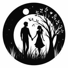 Silhouette couple holding hands under a full moon and tree