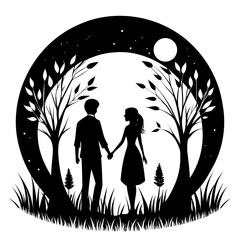 Romantic couple holding hands under a starry night sky with a full moon and trees