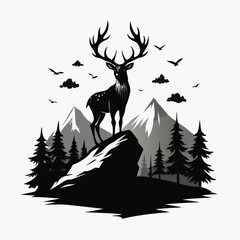 Majestic stag stands proudly on rocky peak overlooking pine forest and mountains