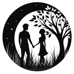 Silhouette couple holding hands under a tree at night with stars and moon