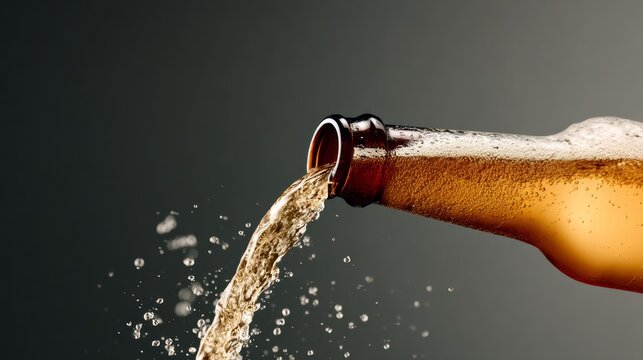 Bottle pouring golden beverage with splashes, showcasing refreshing liquid flowing out, against a dark gradient background, capturing the essence of enjoyment and celebration in a dynamic moment