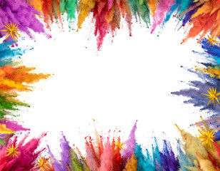 Colorful powder explosions framing white space, with scattered golden star-like shapes
