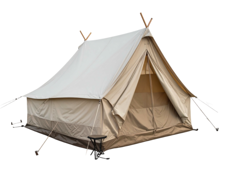 Creamy, large canvas tent pitched outdoors against a black backdrop, with supports and a small stool by the entrance