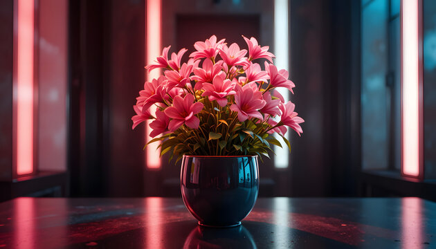 Un pot de fleurs d&eacute;licat, entour&eacute; d&rsquo;une aura lumineuse rougeoyante, comme s&rsquo;il rougissait sous les projecteurs d&rsquo;un d&eacute;cor futuriste. 