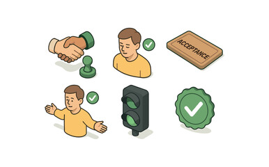 isometric icon items isolated on white background acceptance handshake stamp acceptance nod sequence acceptance welcome mat acceptance open arms acceptance green light acceptance checkmark