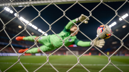 Goalkeeper dives to save a soccer ball in a net, sports action shot 