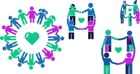 Diverse community circle holding hands around a heart with partnership icons set