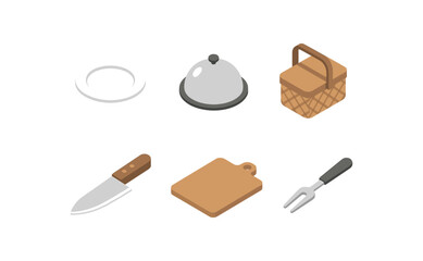 isometric icon items isolated on white background food dinner plate food serving tray food picnic basket food chef knife food cutting board food tasting fork