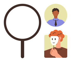 Magnifying glass beside a professional headshot and person removing mask. Ideal for identity, self-discovery, privacy, deception, authenticity, job search, investigation. Simple flat metaphor