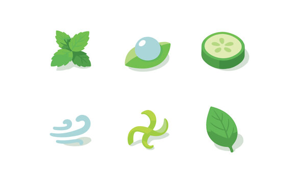 isometric icon items isolated on white background freshness mint sprig freshness morning dew freshness cucumber slice freshness sea breeze freshness lime zest freshness basil leaf