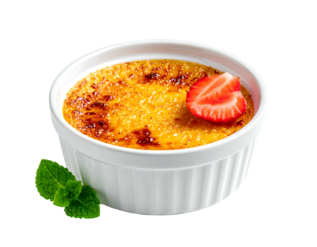Cr?me br?l?e in a white ramekin, garnished with a sliced strawberry and a sprig of mint