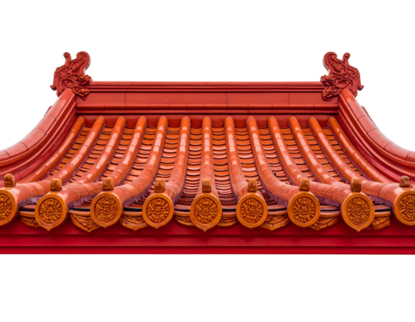 Close-up of a vivid red and orange ornate temple roof with repeated circular motifs against a black backdrop