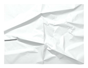 Crinkled white paper displays a series of angular folds and textured shadows, evoking a discarded, used feel