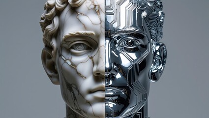 Fascinating blend of classical sculpture and modern technology reveals the duality of human expression in art and innovation