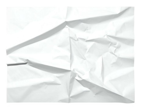 Crinkled white paper displays a series of angular folds and textured shadows, evoking a discarded, used feel