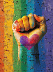 Fist painted in rainbow colors against a vibrant wall representing LGBTQ+ pride