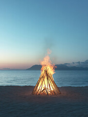 Campfire on the beach at dusk with ocean and mountains in the background