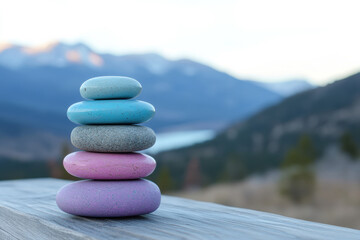 Colorful stacked stones on wooden surface with mountains in background