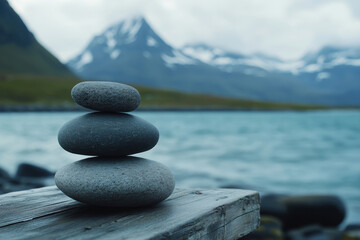 Stacked stones on a wooden platform by a serene lake surrounded by mountains