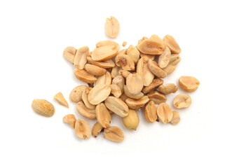 Dried peanuts in closeup on white