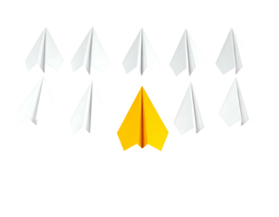 Array of white paper planes, one yellow, isolated on a stark black background. Sharp and crisp visuals