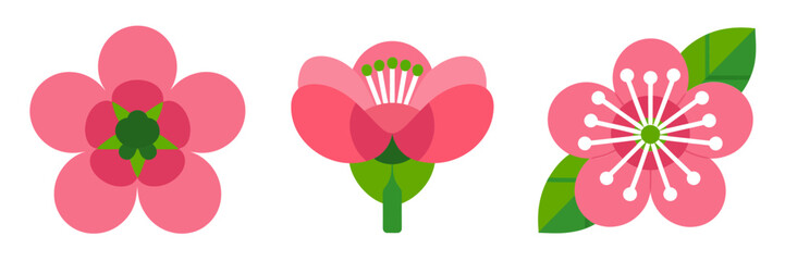 Pink blossom icons set, simple flower shapes, spring petals collection, cute decorative elements, vector illustration, isolated