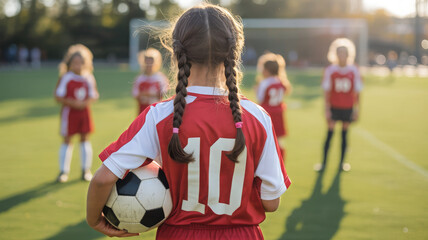 Young girl with soccer ball and teammates