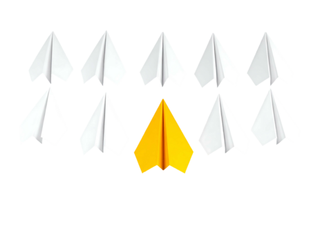 Array of white paper planes, one yellow, isolated on a stark black background. Sharp and crisp visuals